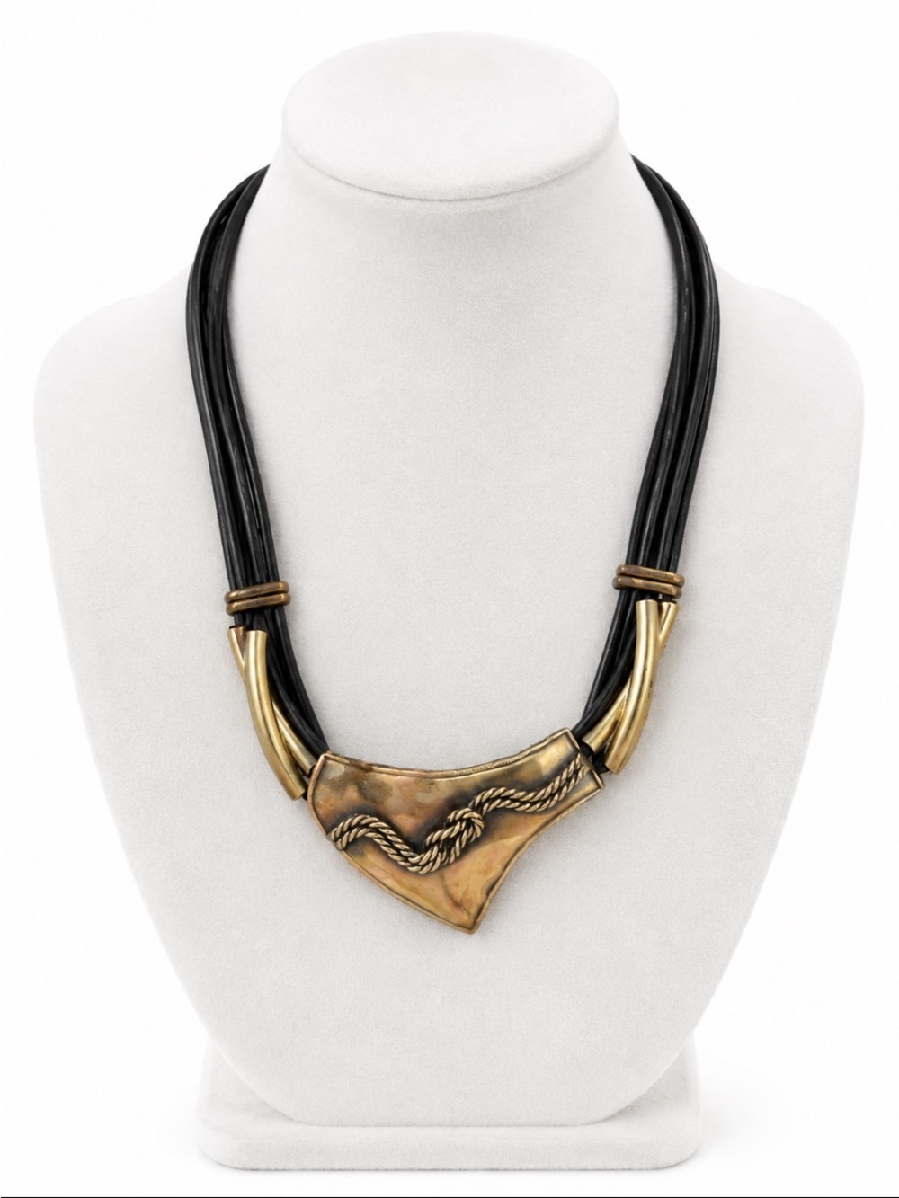Gold-Tone-Black Multi-Strand Cord & Sculptural Pendant Statement Necklace